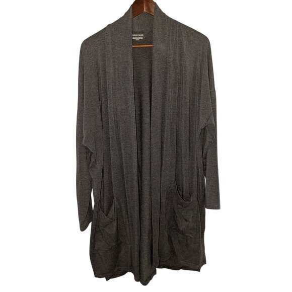 Eileen Fisher Sweaters - Eileen Fisher Womens Charcoal Gray Open Front Cardigan Pockets XL Relaxed Fit Li